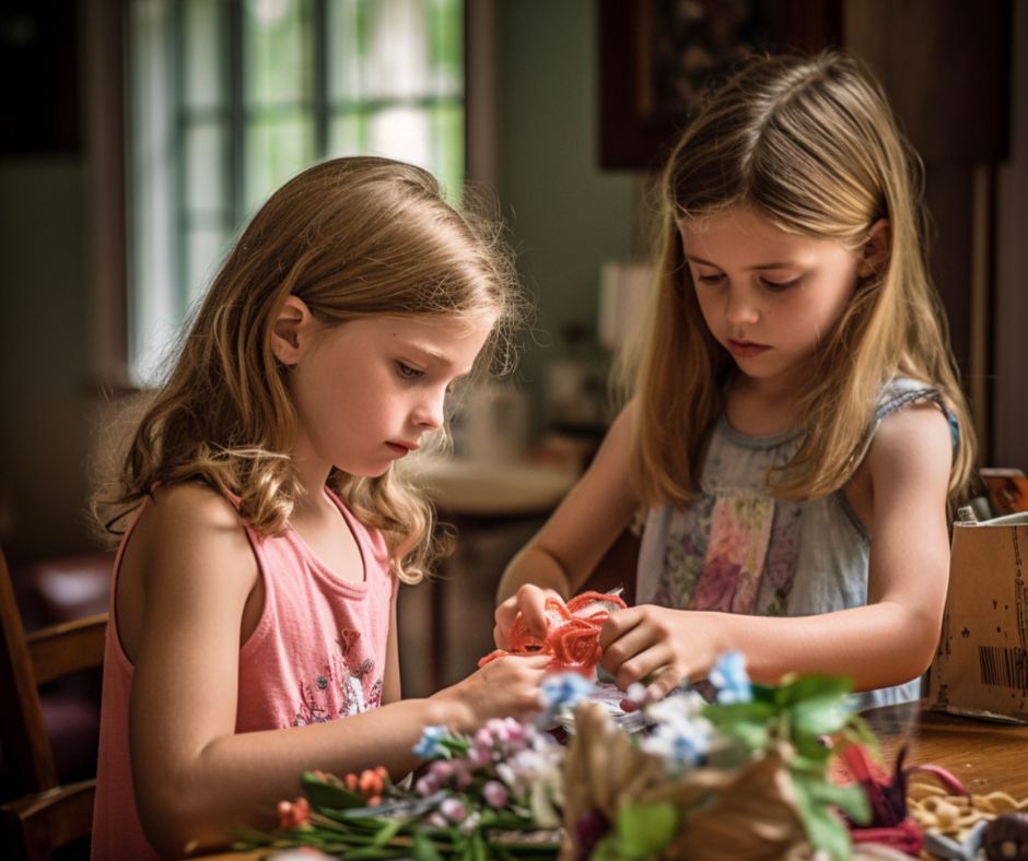 Two young girls crafting a Mother's Day Gift on a dining room table.