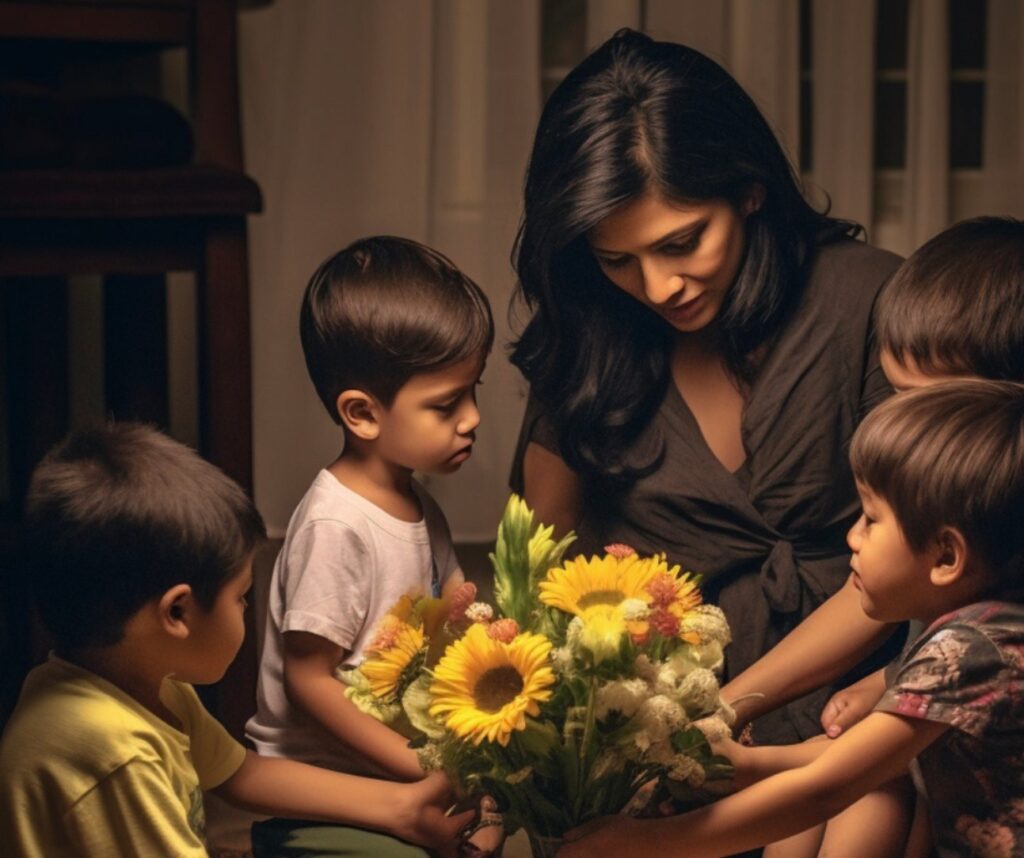 Four boys giving their foster mother a bouquet of sunflowers.