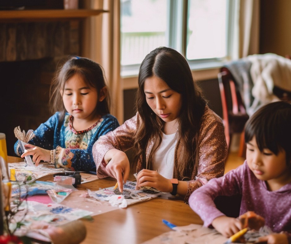 Sisters are sitting at the kitchen counter making crafts for Mother's Day.