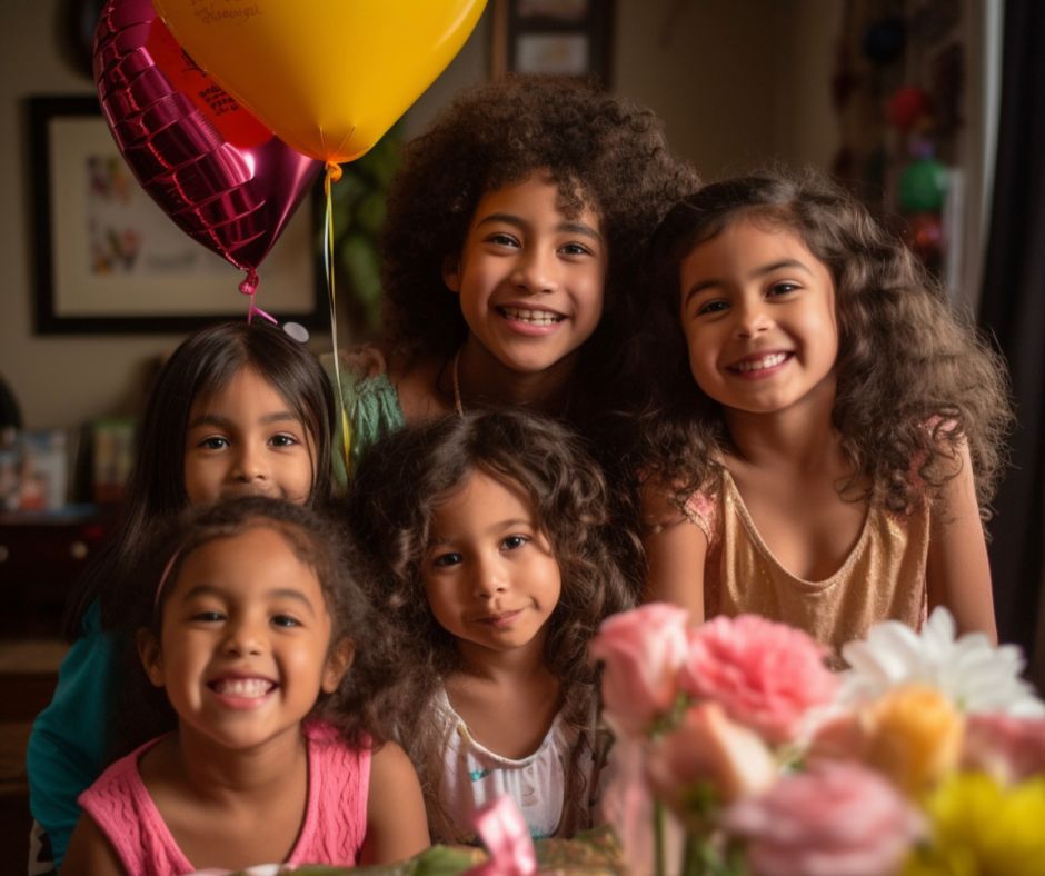 Five little girls giving flowers and balloons to celebrate Mother's Day in a foster home setting. 