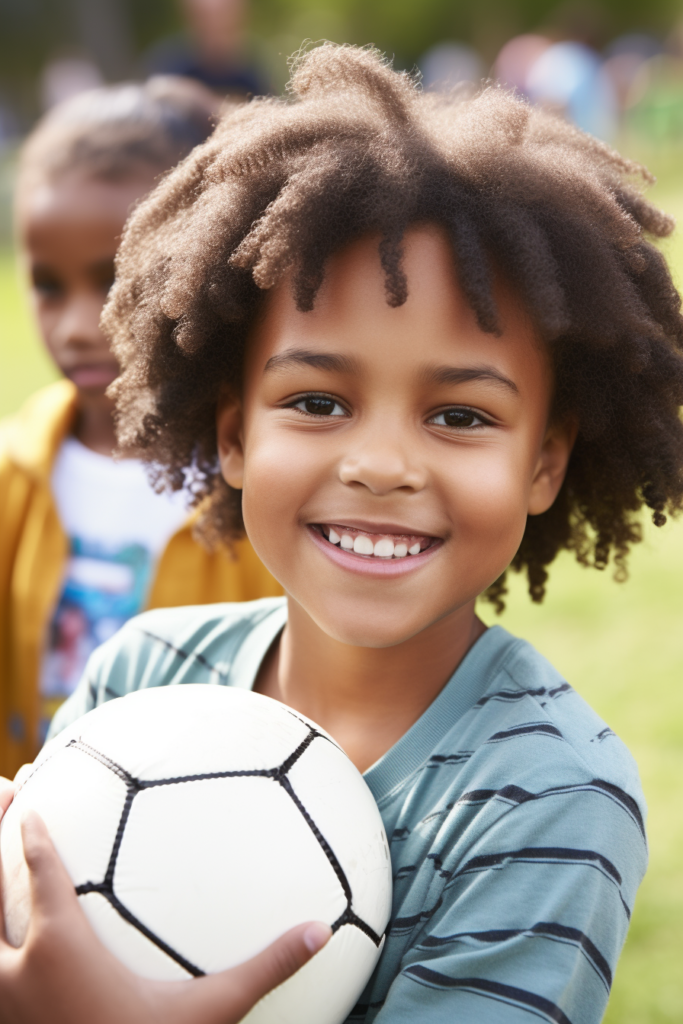 Young Black Boy smiling while holding a soccer ball.