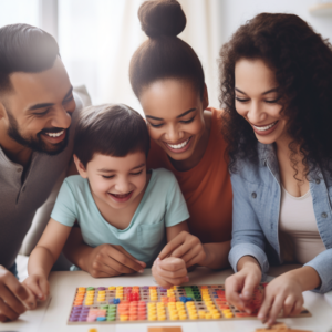 Happy foster families engaging in activities together playing board games.