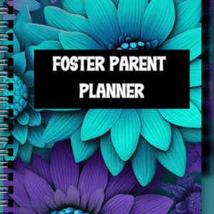 Turquoise and purple flowers with a black rectangle and white lettering