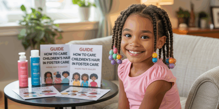 a young Black girl sitting next to a table with Black hair care products and a guide.
